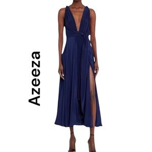 Azeeza Cirrus Blue Silk Midi Dress Small